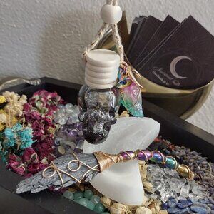 Blue Cotton Candy Scented Skull Car Diffuser with Rainbow Quartz Witchy Pendant